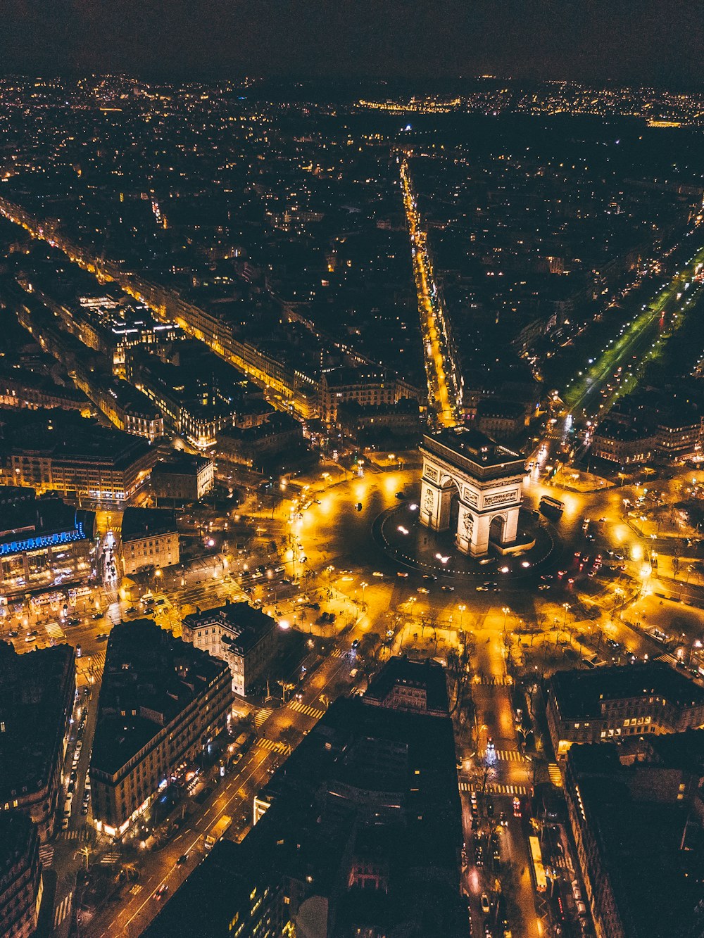 Aerial view of a European capital illuminated at night