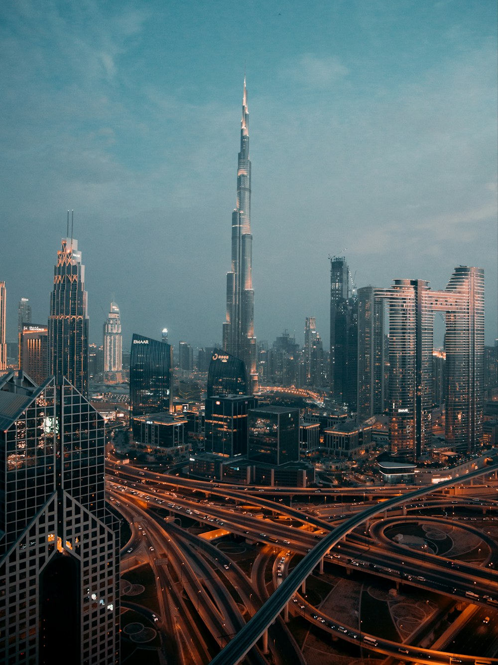 Skyline of a Gulf city at dusk
